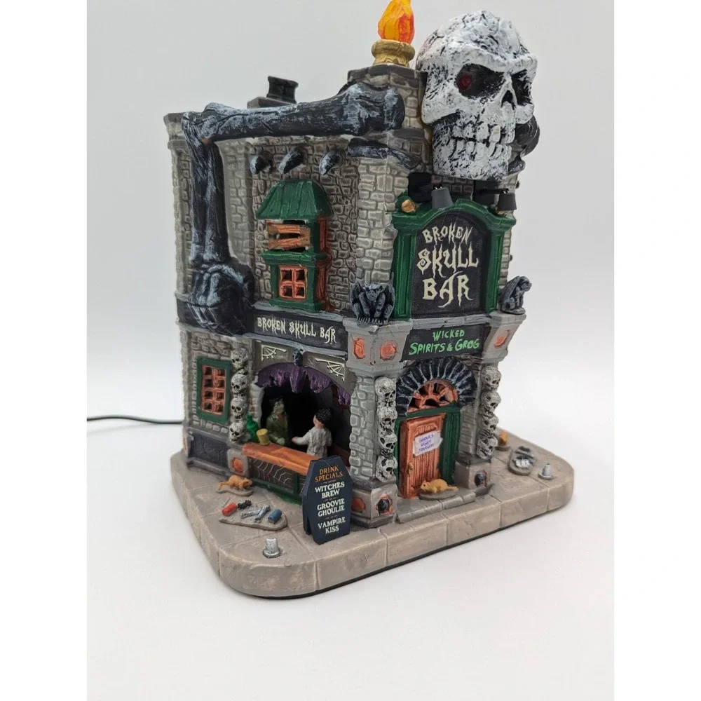 Lemax Spooky Town BROKEN SKULL BAR Halloween Skeleton Bones Lights & Sound